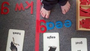 student using wooden letters and cards