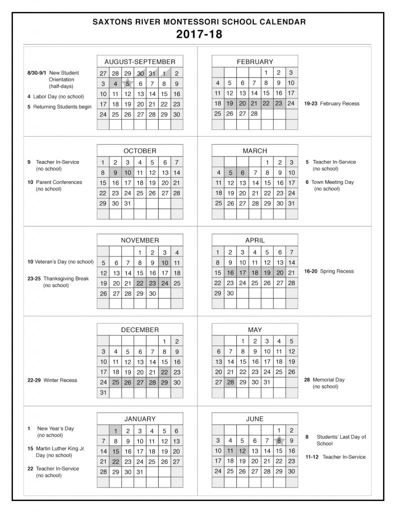Calendar Saxtons River Montessori School